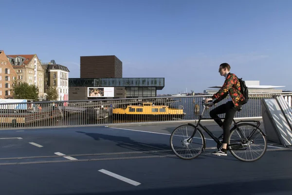 Male cyclist on new bridge — Stock Photo, Image
