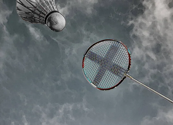 Kleurrijke abstracte badminton racket en shuttle hemelsblauw. — Stockfoto