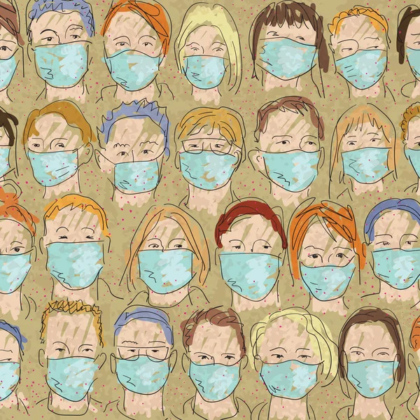 Virüsü Korumak Için Maskeli Birçok Yüzlü Vektör Çizimi — Stok Vektör