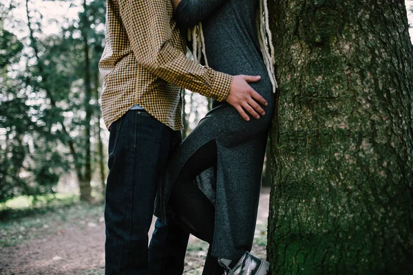 Niedriger Abschnitt Des Umarmenden Paares Lehnt Sich Baum Die Natur — Stockfoto