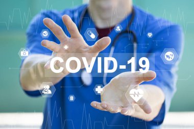 Doktor sanal çevrimiçi panelde covid-19 virüsü, koronavirüs sağlık hizmetine basıyor.