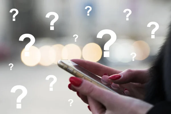 Girl Using Phone Looking Information Internet Question Mark Blurred Background — Stock Photo, Image