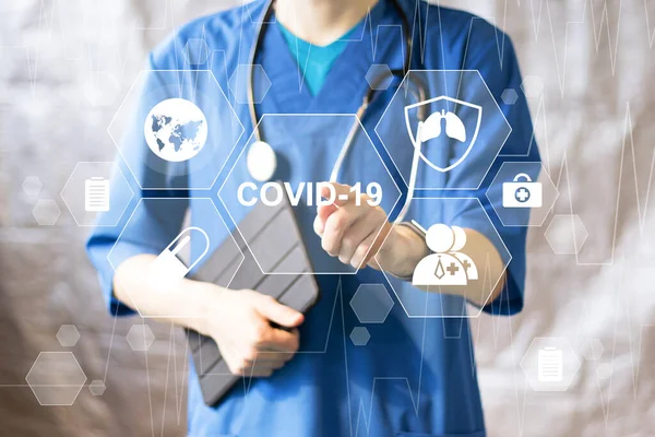 Doctor Pressing Button Covid Virus Coronavirus Healthcare Virtual Online Panel — Stock Photo, Image