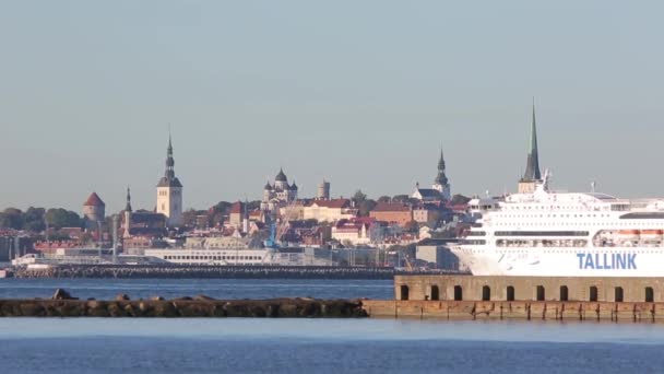 Skipet Flyr Mot Bakgrunnen Det Historiske Tallinn Vakre Sol Tallinn – stockvideo