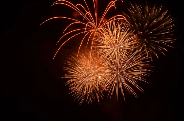 Siyah bir gökyüzü karşı altın ve turuncu havai fişek patlamaları