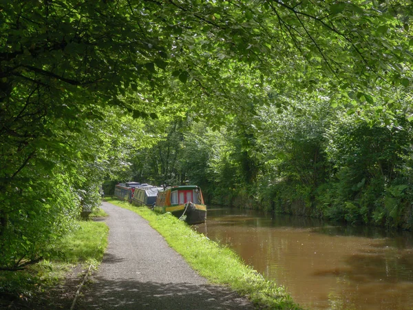 Üç dar bir kanal bir patika ve yanında yapraklı ağaçlar ile birlikte demirledi tekne