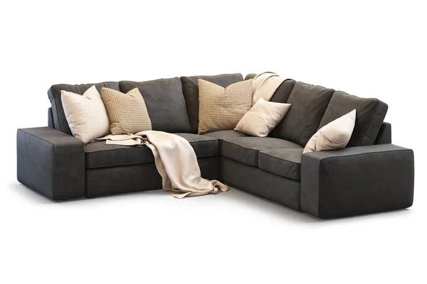Современный текстильный диван с золотыми подушками. 3D рендеринг — стоковое фото