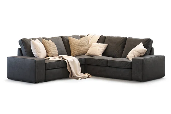 Современный текстильный диван с золотыми подушками. 3D рендеринг — стоковое фото