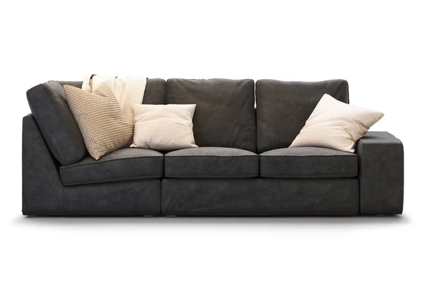 Сучасний текстильний диван із золотими подушками. 3d візуалізація — стокове фото