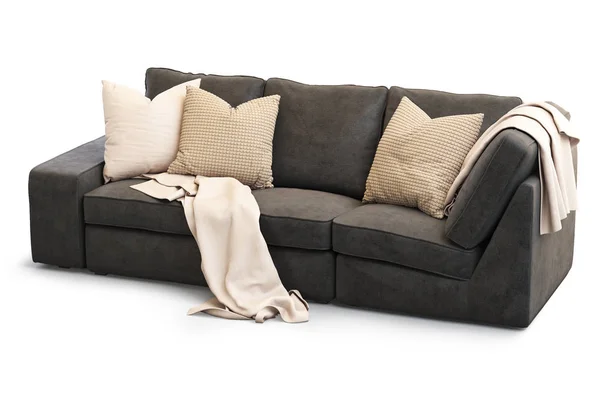 Сучасний текстильний диван із золотими подушками. 3d візуалізація — стокове фото
