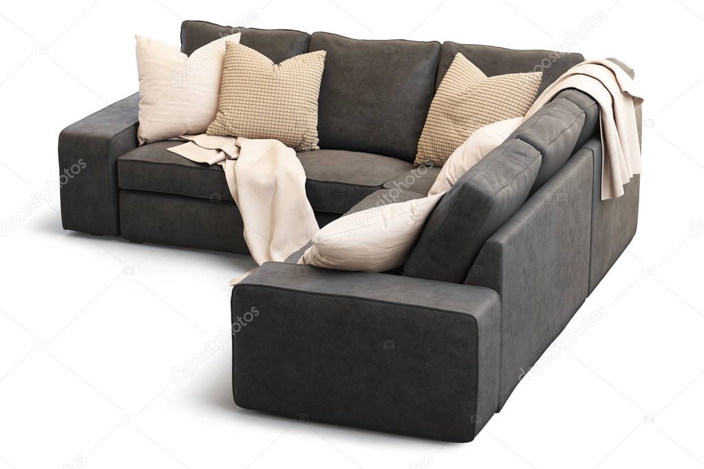 Modern textile sofa with gold pillows. 3d render
