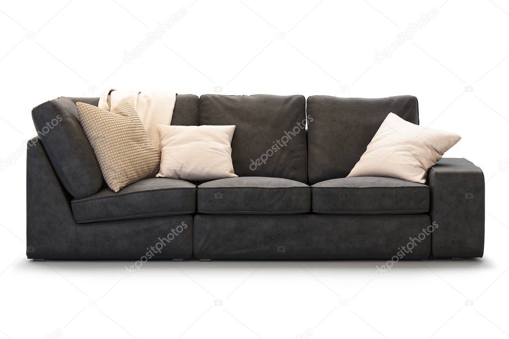 Modern textile sofa with gold pillows. 3d render