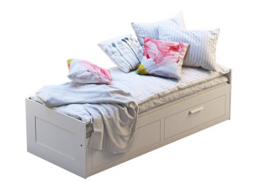 Deposu olan beyaz çocuk yatağı. 3d hazırlayıcı