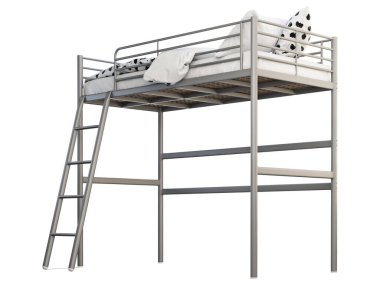 Beyaz ketenli İskandinav çocuk metal çerçeve tavan arası. 3d hazırlayıcı