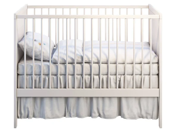 Белая детская кроватка с белым бельем. 3D рендеринг — стоковое фото