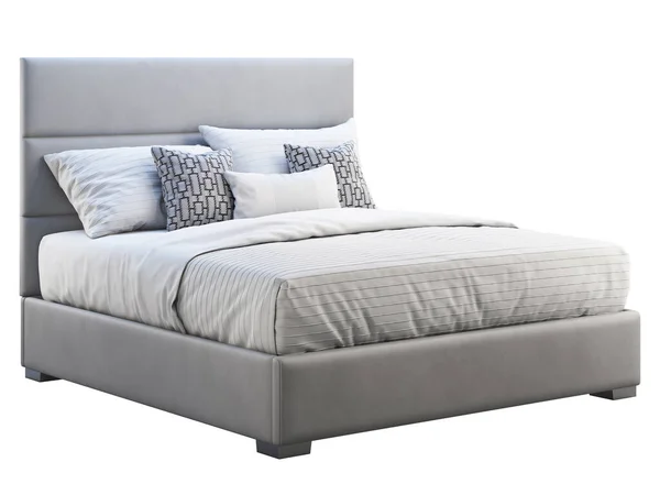 Modern gray leather frame double bed with bed linen. 3d render