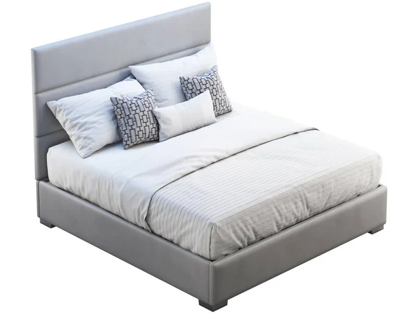 Современный серый кожаный каркас двуспальная кровать с постельным бельем. 3D рендеринг — стоковое фото