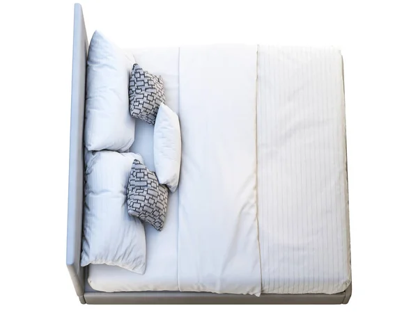 Moderno marco de cuero gris cama doble con ropa de cama. 3d renderizar —  Fotos de Stock