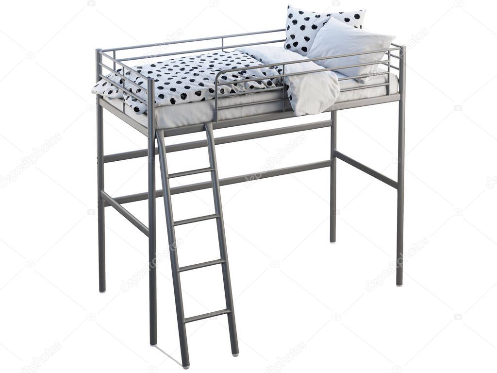 Scandinavian children's metal frame bed loft with white linen. 3d render