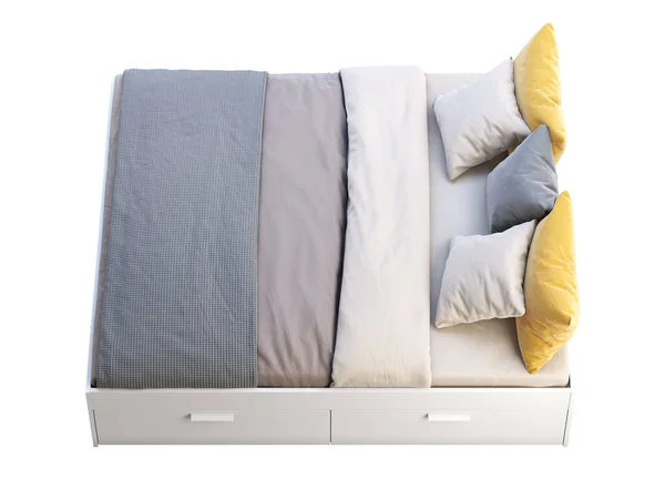 Bílá manželská postel s úložištěm. 3D vykreslení — Stock fotografie