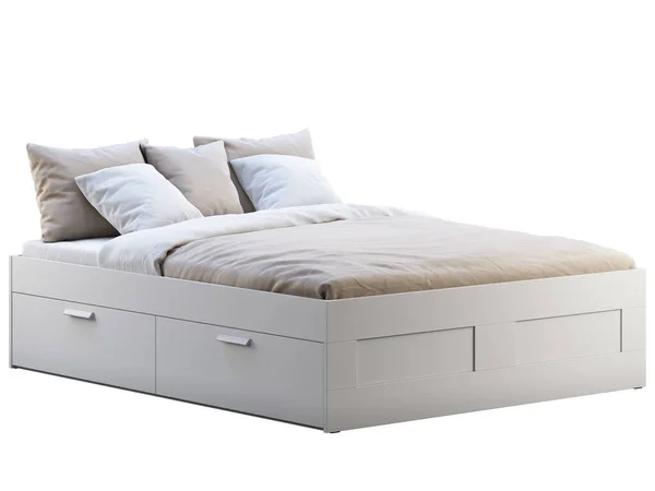 Λευκό διπλό κρεβάτι με αποθήκη. 3d απόδοση — Φωτογραφία Αρχείου