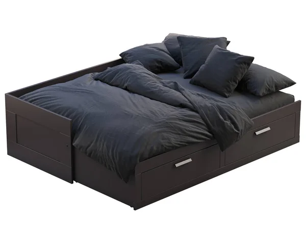 Tmavě hnědá manželská postel s úložištěm. 3D vykreslení — Stock fotografie