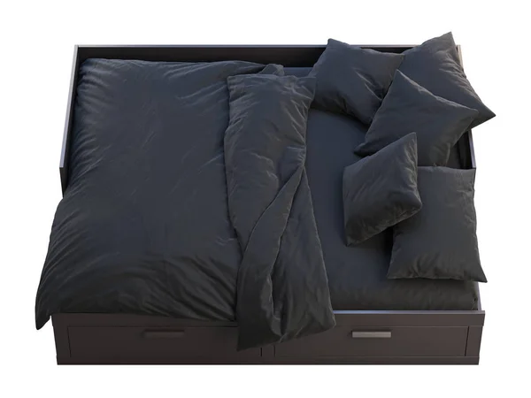 Ciemnobrązowe podwójne łóżko ze schowkiem. 3d renderowanie — Zdjęcie stockowe