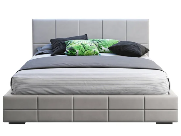 Modern gray leather frame double platform bed with bed linen and accent pillows. 3d render