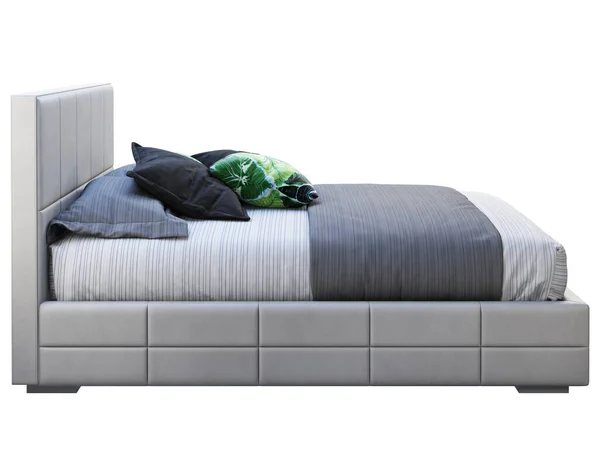 Сучасна сіра шкіряна рамка двомісне ліжко платформи з постільною білизною та акцентними подушками. 3d візуалізація — стокове фото