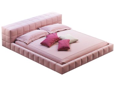 Lüks kral boyunda, aksanlı yastıklı pembe kareli bir yatak. 3d hazırlayıcı