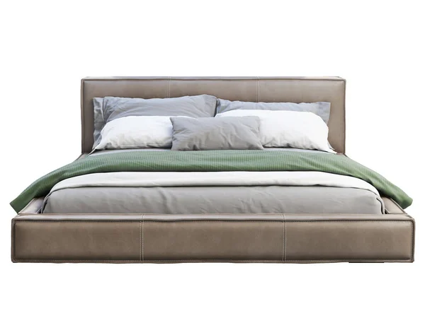 Loft brown platform bed dengan linen tempat tidur dan selimut. render 3d — Stok Foto