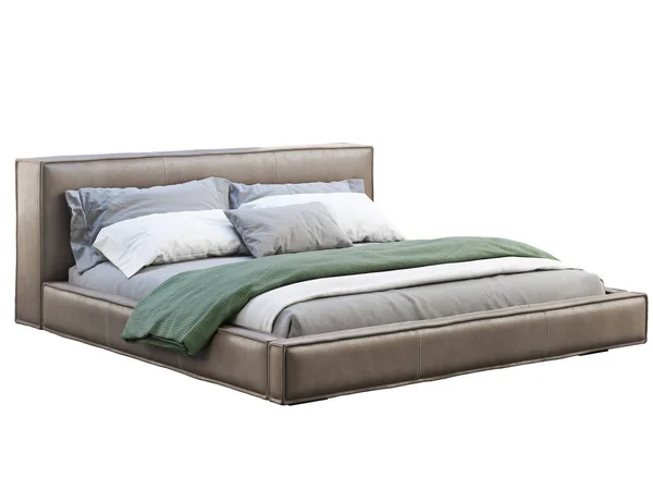 Лофт коричнева шкіряна платформа ліжко з постільною білизною та ковдрою. 3d візуалізація — стокове фото