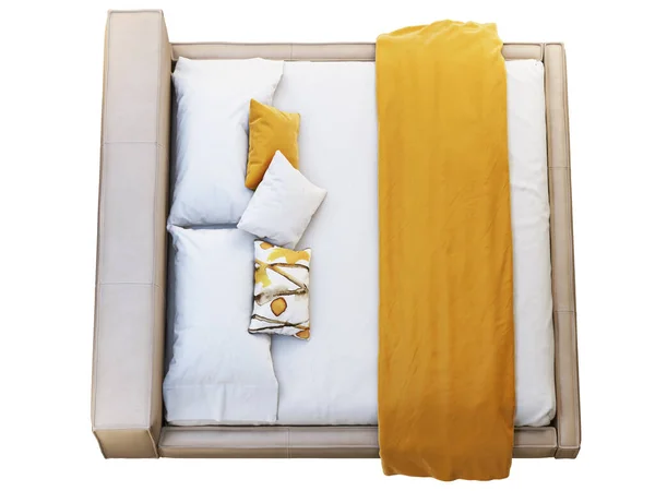 Loft brown leather platform bed with bed linen and blanket. 3d render
