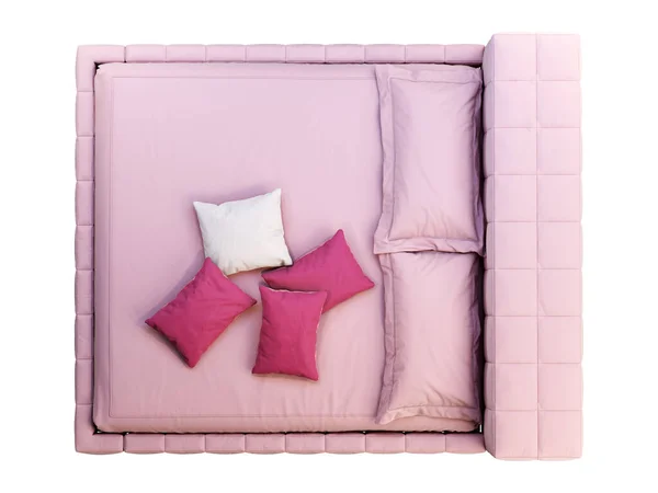 奢华的国王大小的粉红色方格床与口音枕头。 3D渲染 — 图库照片