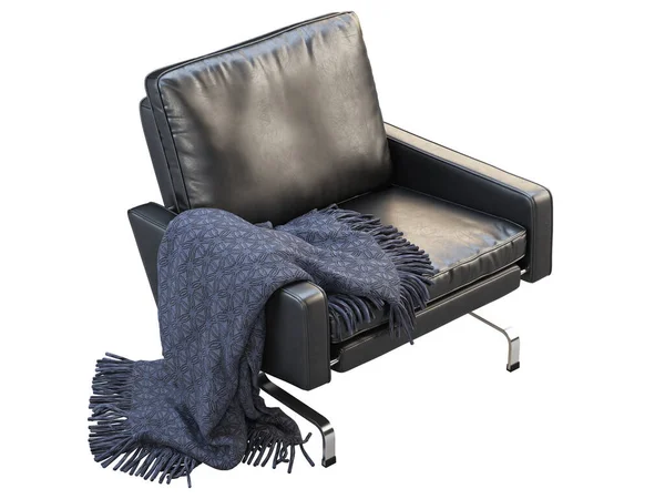 Halvsekel svart läderstol med rutig. 3D-återgivning. — Stockfoto