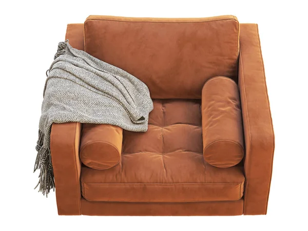 Halverwege de eeuw terracotta fluwelen bekleding fauteuil. 3d renderen. — Stockfoto