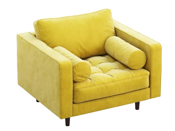 Halverwege de eeuw gele fluwelen bekleding fauteuil. 3d renderen. — Stockfoto