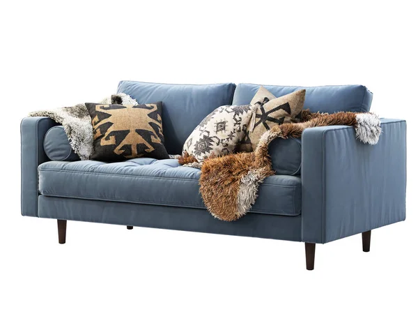 Chalé de dois lugares sofá estofos de veludo azul com almofadas e peles. Renderização 3d . — Fotografia de Stock