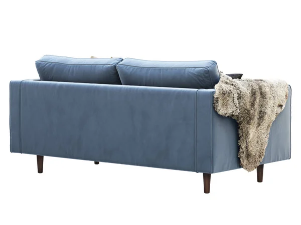Chalet two-seat blue velvet upholstery sofa with pillows and pelts. 3d render. — Stock Photo, Image