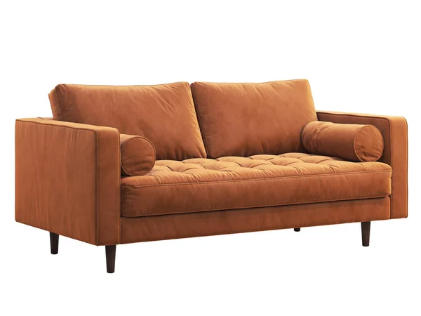 世纪中叶双座天鹅绒软垫沙发。 3D渲染. — 图库照片