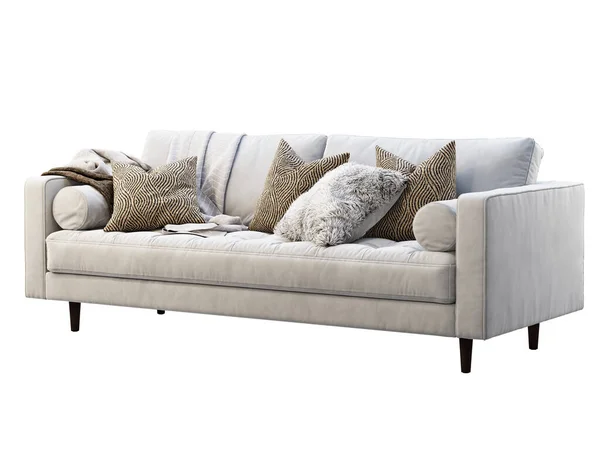 Scandinavian three-seat white velvet upholstery sofa with pillows and plaids. 3d render. — Stok fotoğraf