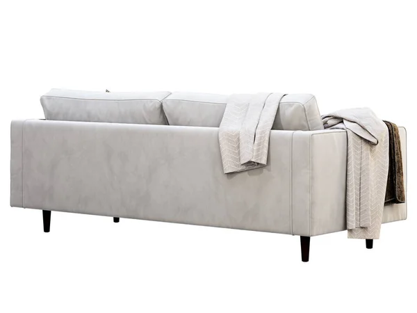 Skandinávský třímístný bílý sametový čalouněný gauč s polštáři a košíčky. 3D vykreslení. — Stock fotografie