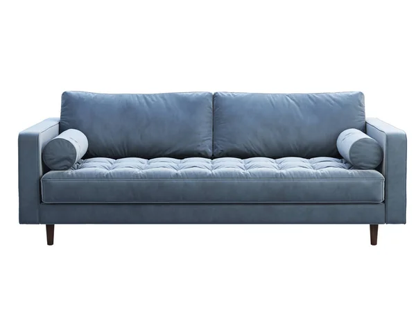 Mid-century three-seat blue velvet upholstery sofa. 3d render. — Stock Photo, Image