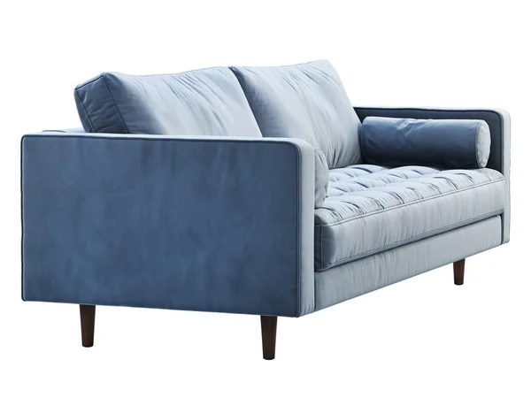 Trzyosobowa, niebieska, aksamitna sofa tapicerska z połowy wieku. 3d renderowanie. — Zdjęcie stockowe