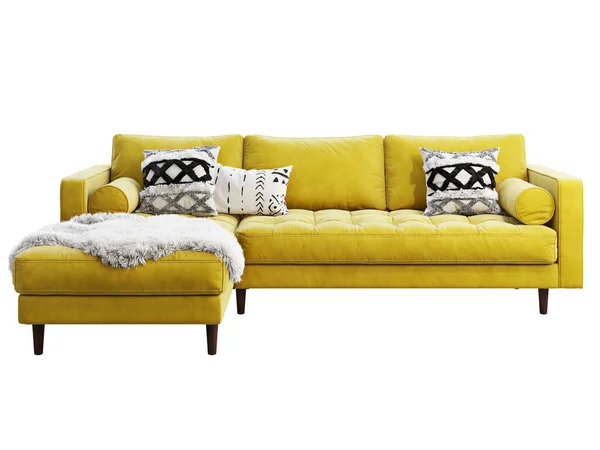 Canapé rembourré en velours jaune d'angle scandinave avec chaise longue. 3d rendu . — Photo