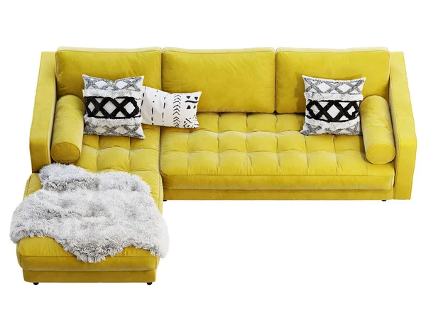 Sofá de tapicería de terciopelo amarillo esquinero escandinavo con chaise lounge. 3d renderizar . —  Fotos de Stock