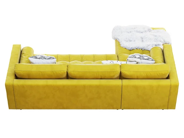 Sofá de tapicería de terciopelo amarillo esquinero escandinavo con chaise lounge. 3d renderizar . — Foto de Stock