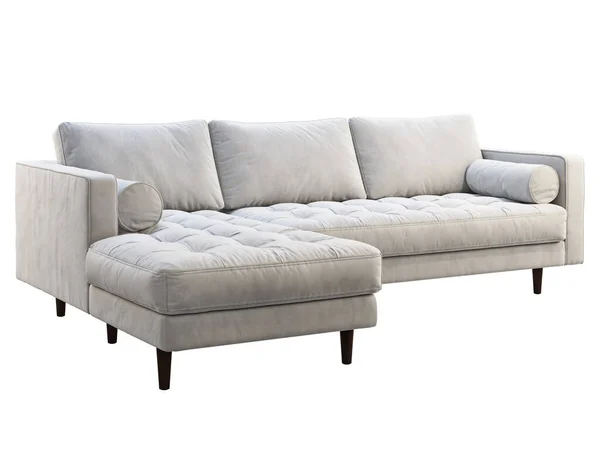 Połowa wieku narożnik biały aksamit tapicerka sofa z chaise lounge. 3d renderowanie. — Zdjęcie stockowe