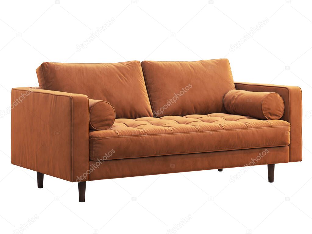 Mid-century two-seat terracotta velvet upholstery sofa. 3d render.