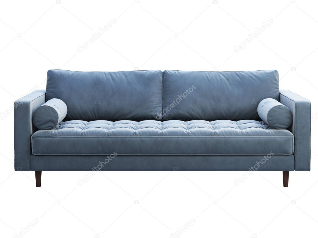 Mid-century three-seat blue velvet upholstery sofa. 3d render.